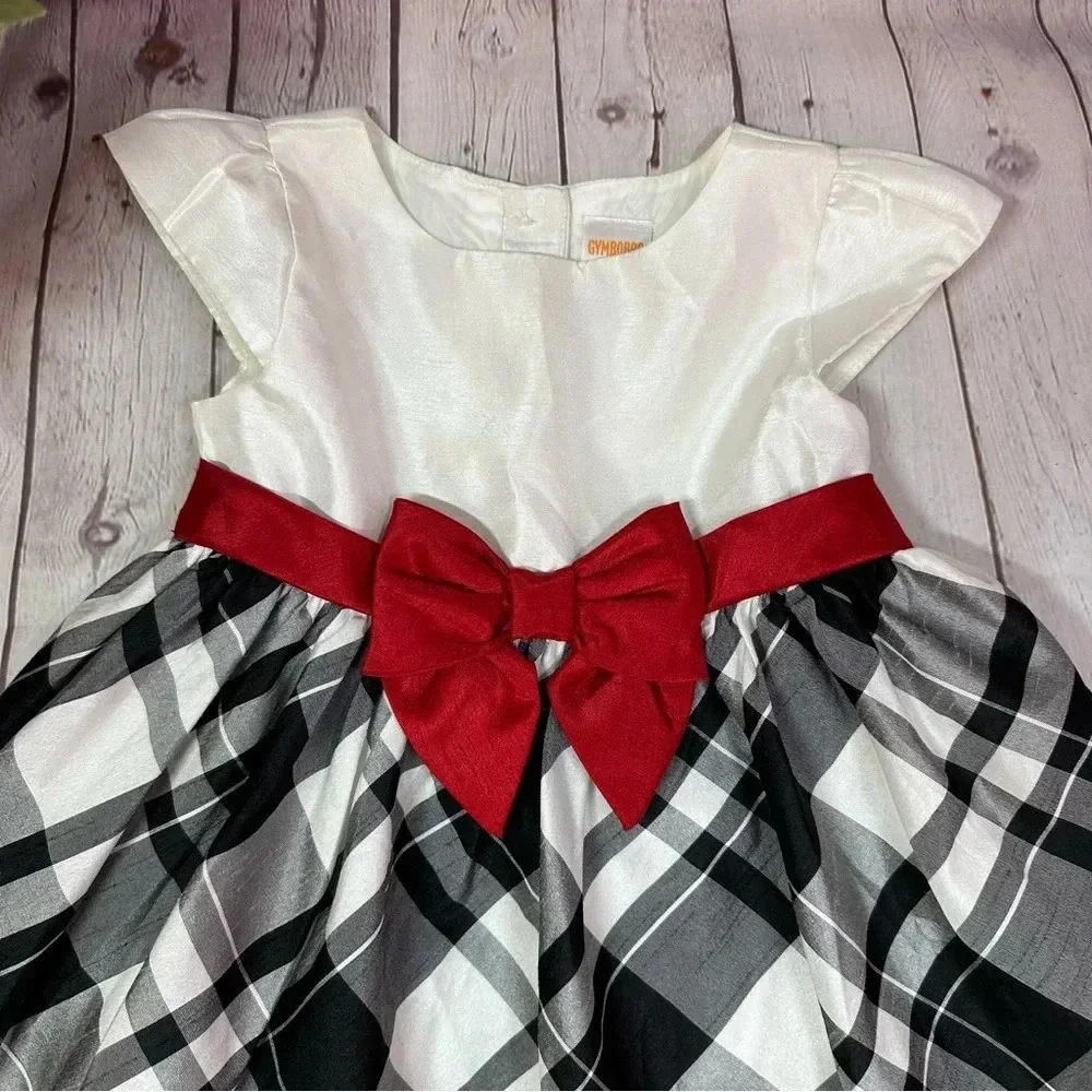 gymboree 2015 plaid skirt dress sz 3T red bow at waist cap sleeve holiday church